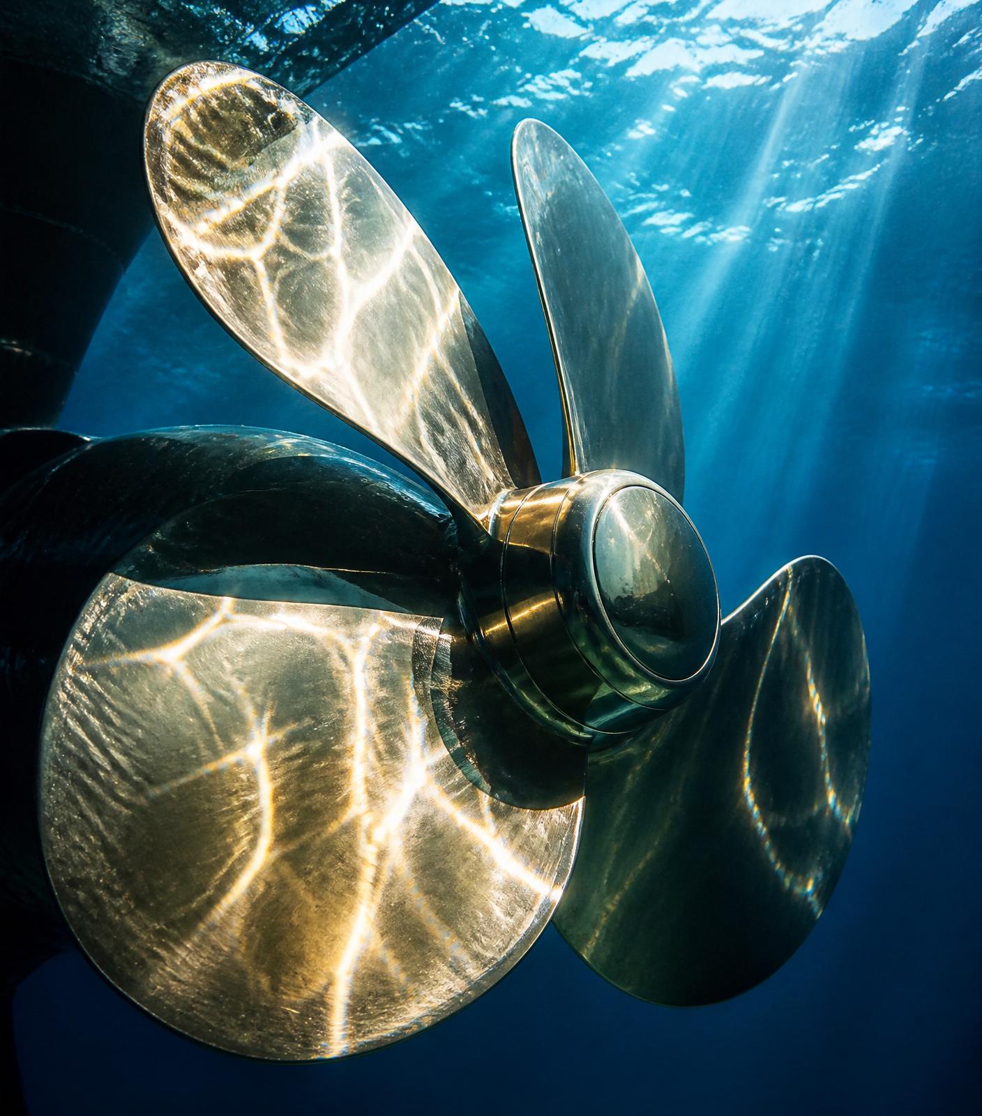 Polished ship propeller shining underwater