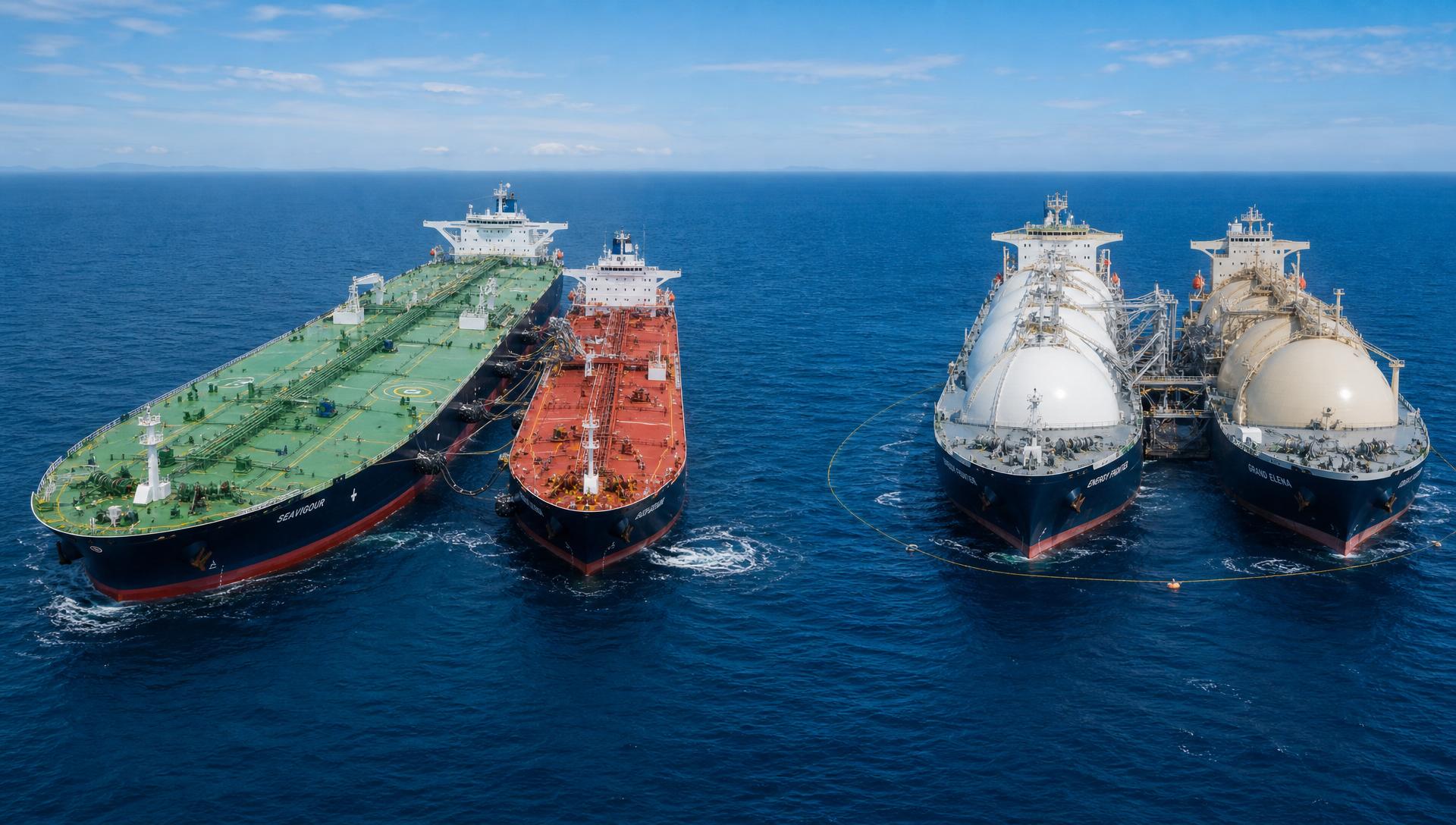 Aerial view of VLCC to Aframax and LNG to LNG ship-to-ship transfer